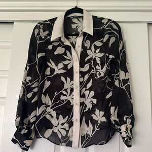 Zara black and white floral mesh button up blouse